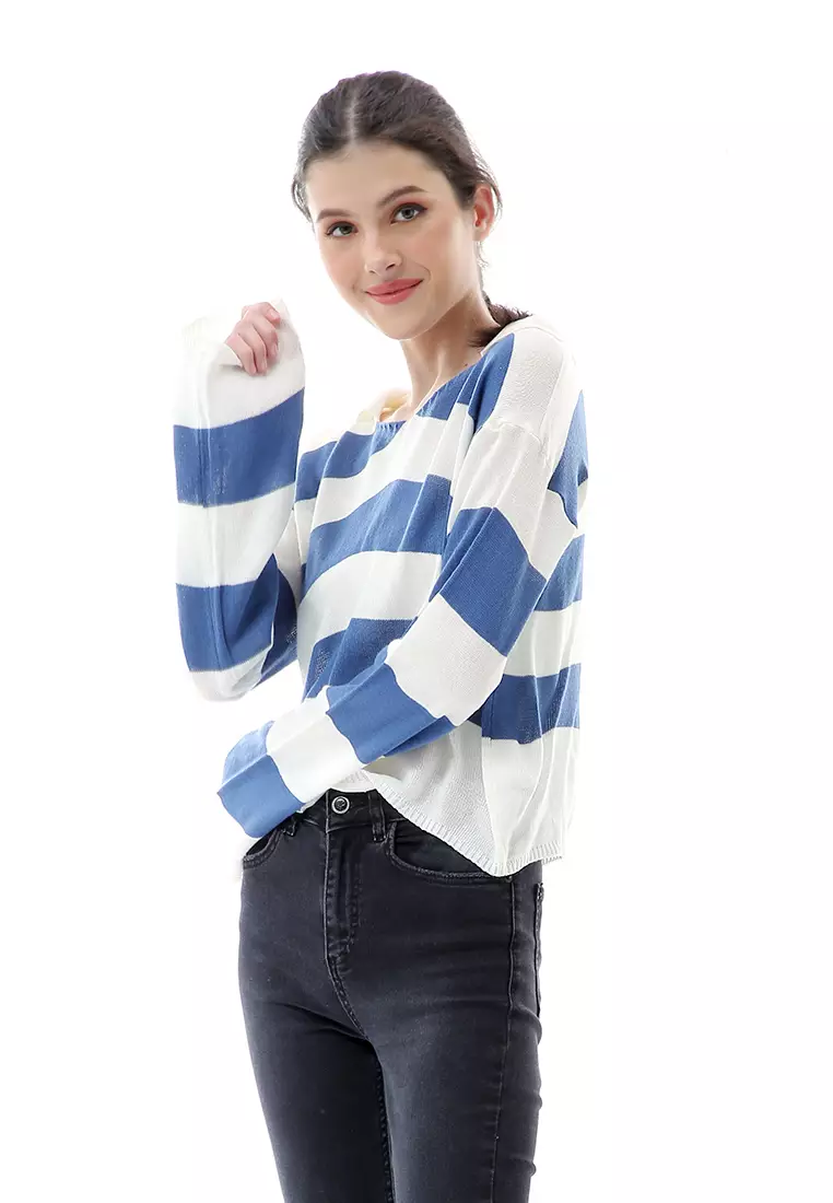 Vilia Rajut Crop Atasan Wanita Oversize Motif Stripe Garis Relaxed Fit - Denim