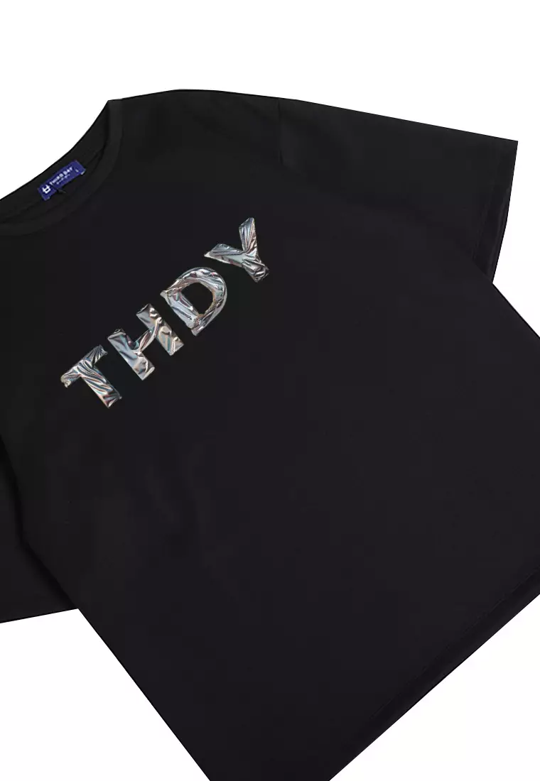 MTP32 kaos oversize abstract efek metallic duct tape THDY aesthetic tulisan bahan scuba tebal hitam