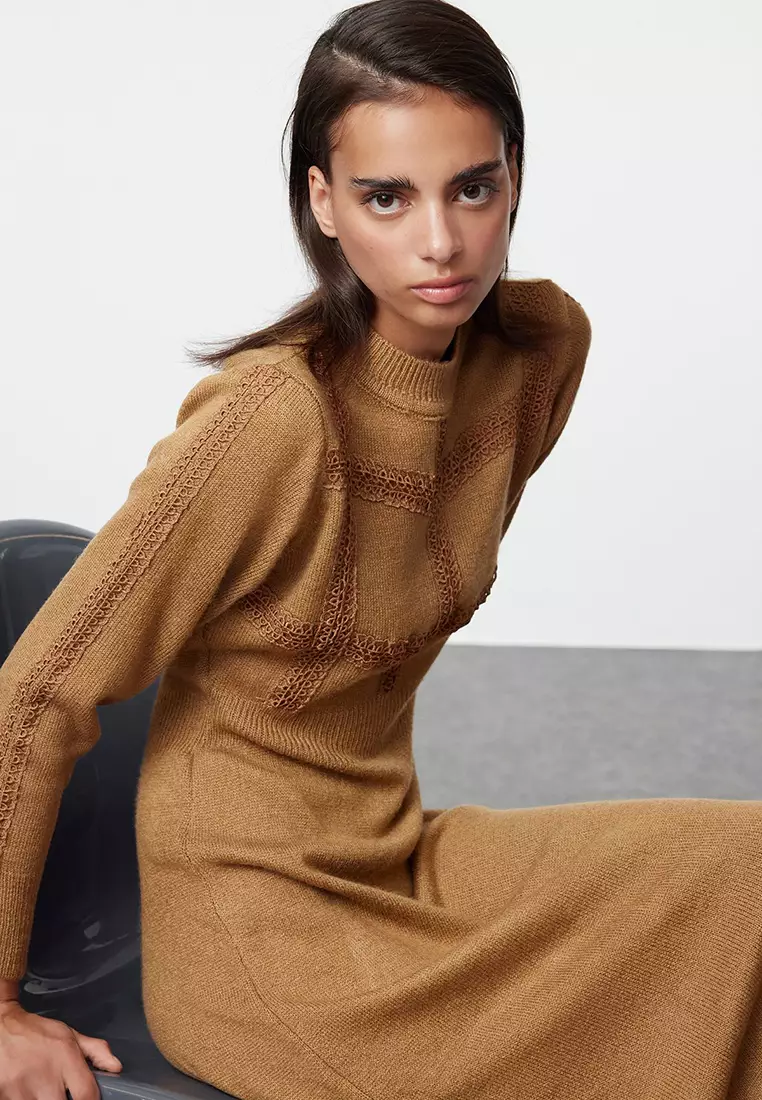 Beige Lace Detailed Soft Textured Knitwear Dress Tctaw25Eb00015
