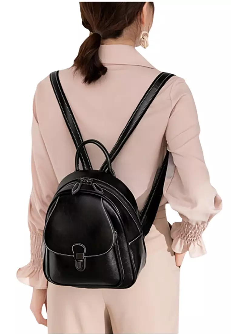 Women's Retro Zipper Cowhide Leather Backpacks