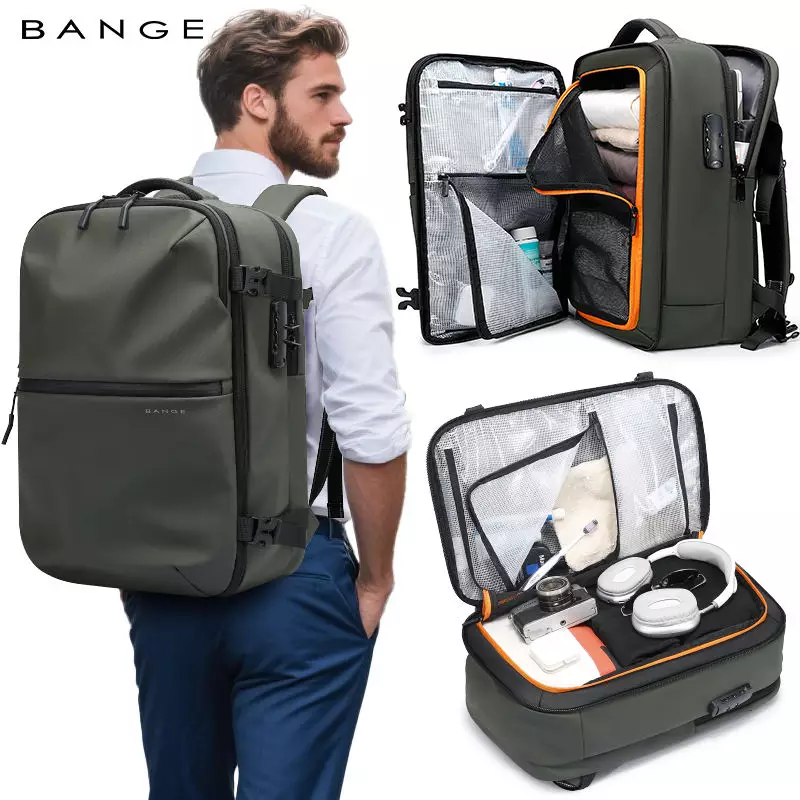 BANGE BG7875 Tas Ransel pria Laptop Kerja Pria Travel Backpack Lock TSA Waterproof-Green
