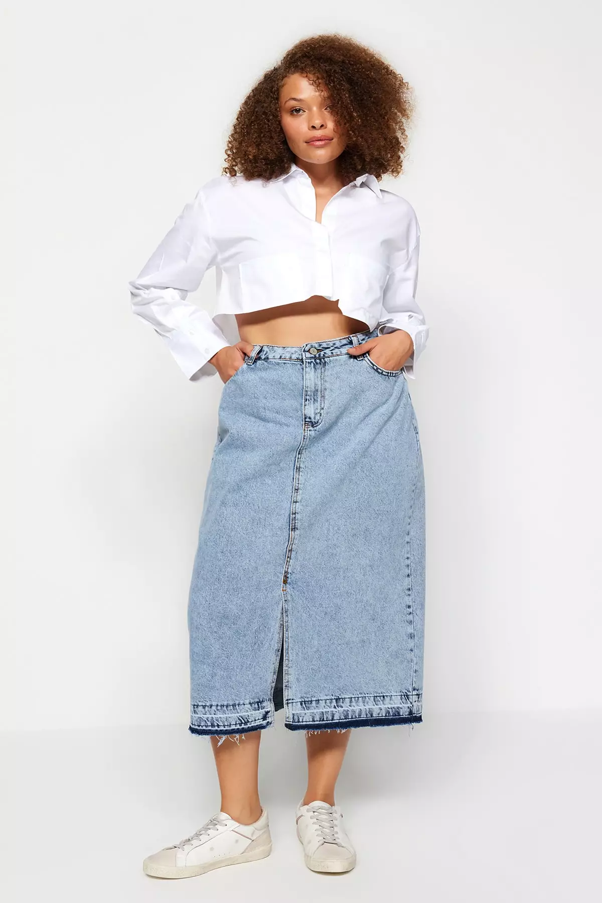Plus Size High Waist Denim Midi Skirt