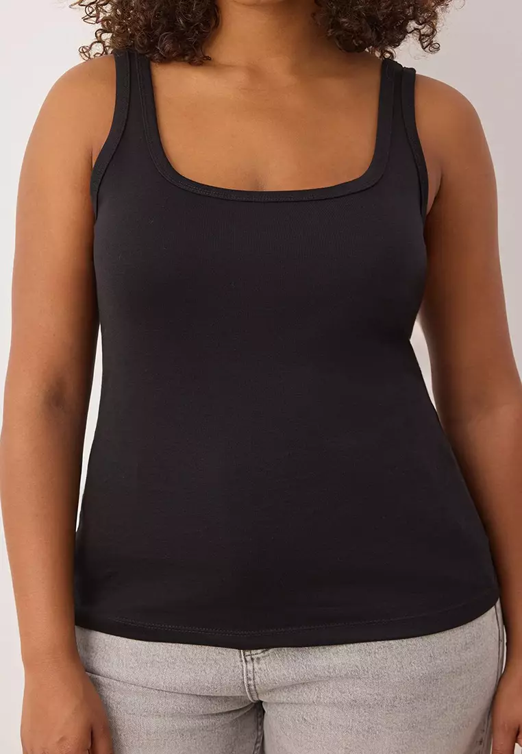 Black U-Neck Soft Fabric 100% Cotton Knitted Plus Size Tank Top Tbbss25Cv00017