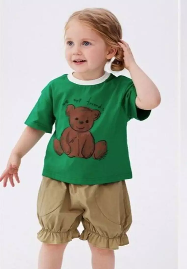 Color Collar Bear Printed Cotton Short Sleeve T-Shirt
