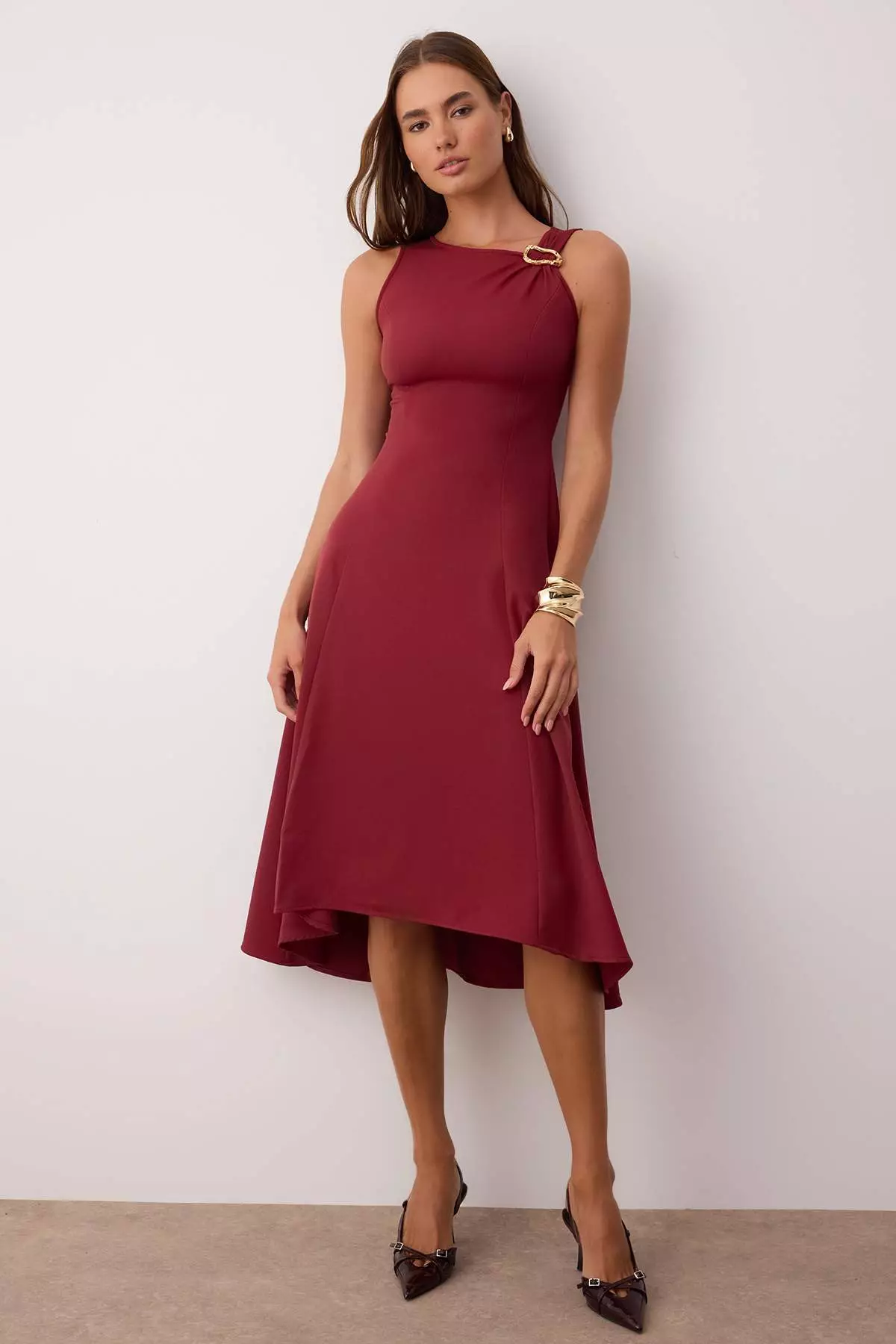 Burgundy Plain Accessory Detailed Midi Woven Dress