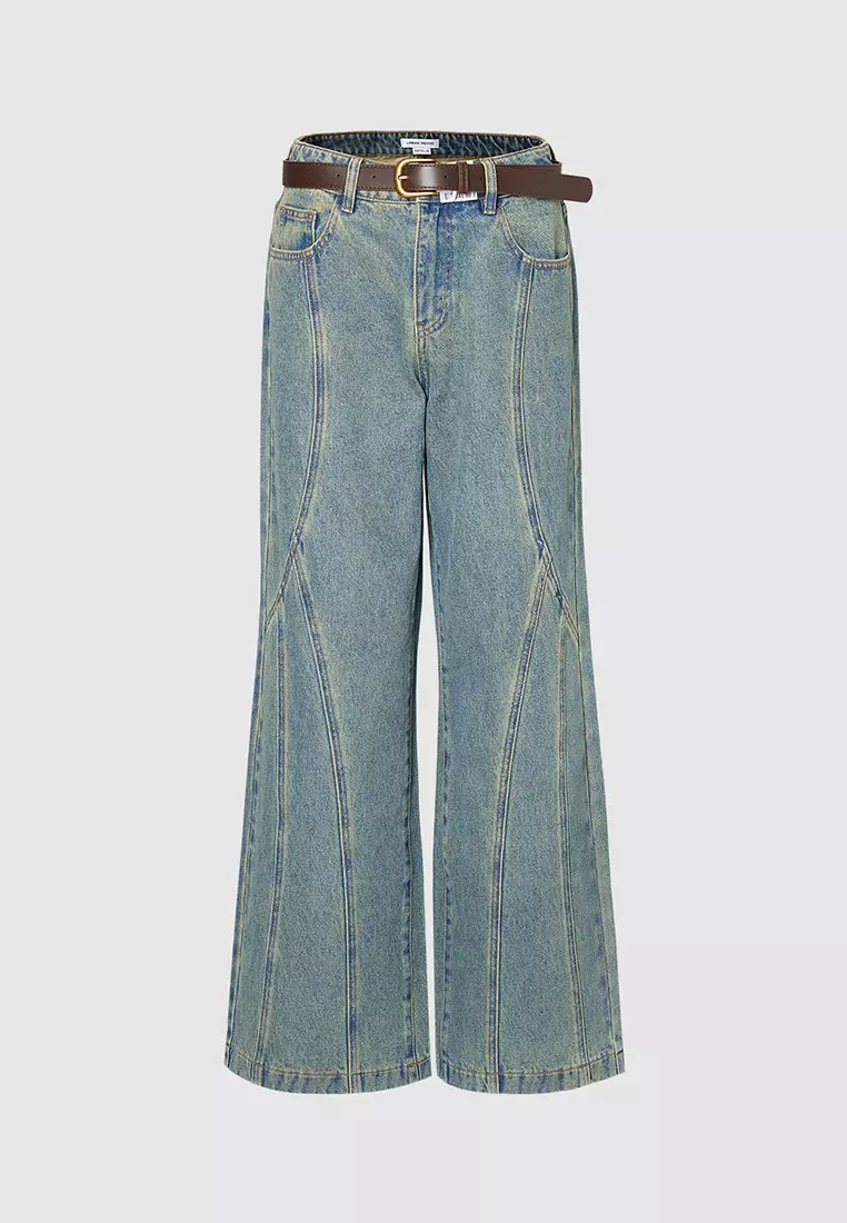 UR春季新款女装复古解构设计感腰带牛仔长裤UYV850002