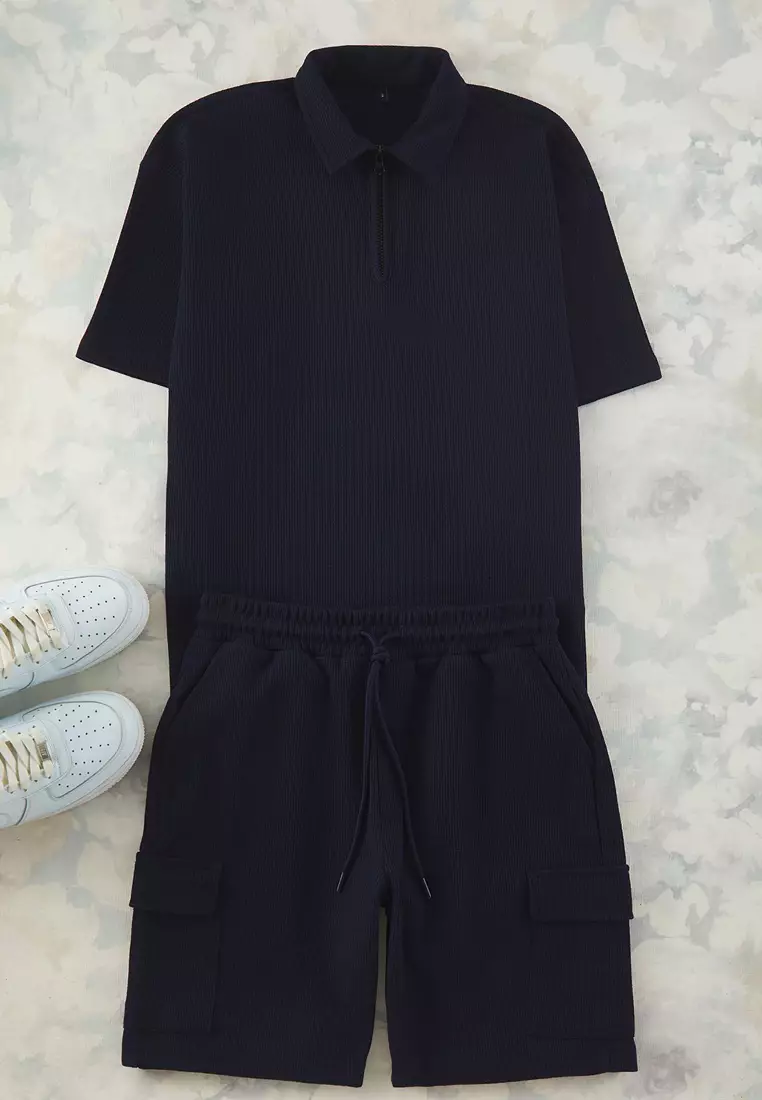 Navy Blue Regular/Normal Cut Zippered Polo Collar-Cargo Pocket Tracksuit TMNSS24EM00000