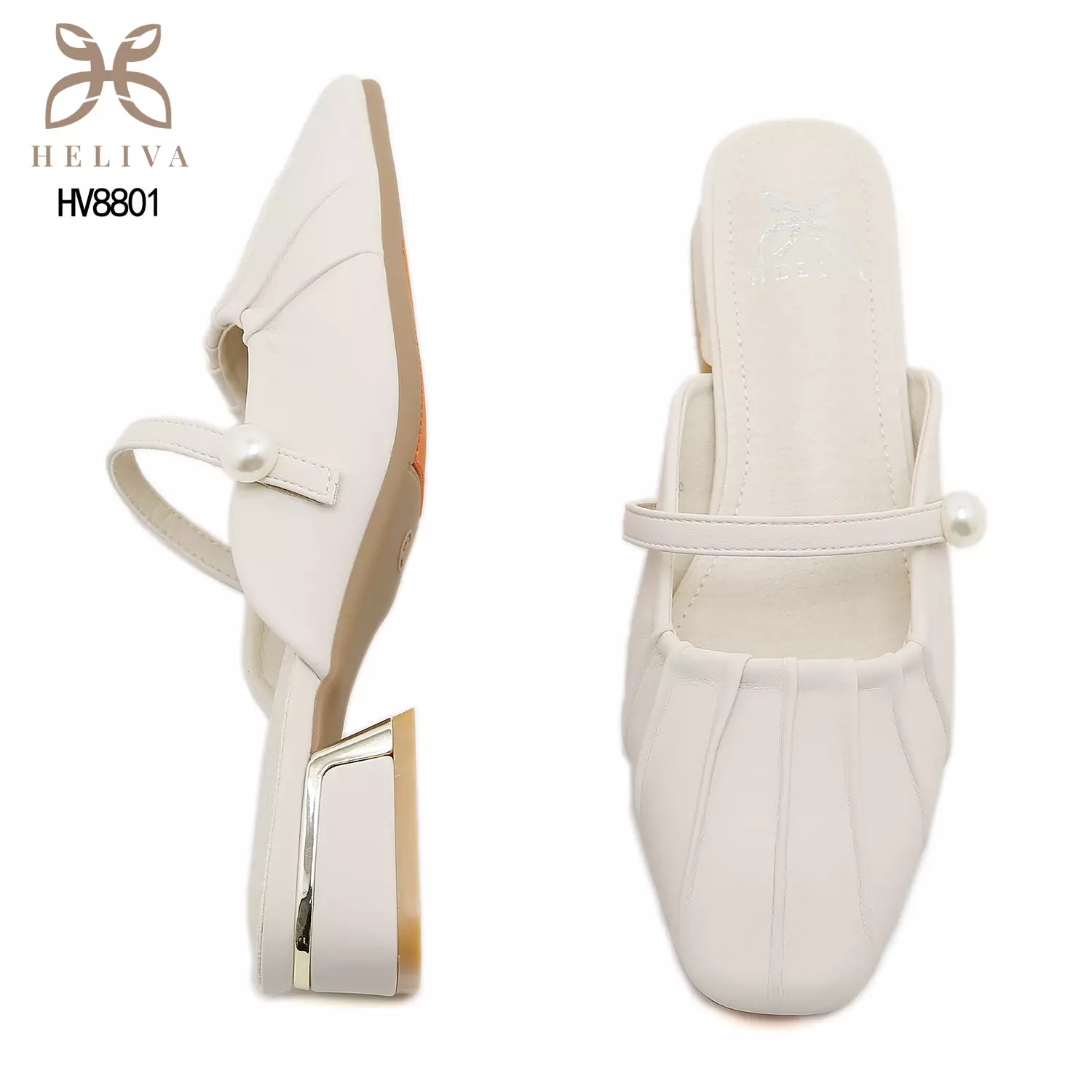 Heliva Aurel Classic Pleated Mules with Minimalist Strap and Statement Pearl Charm HV8801