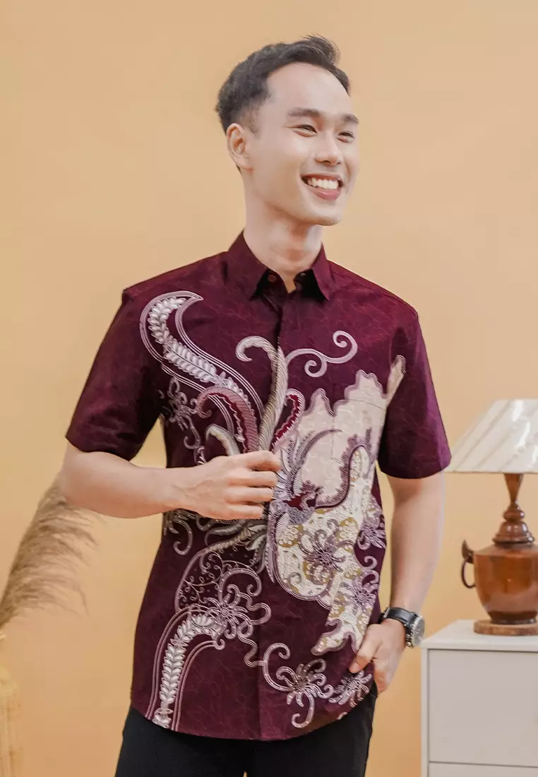 My Aksa Batik Pria Kemeja Pendek Rupa Raya Maroon