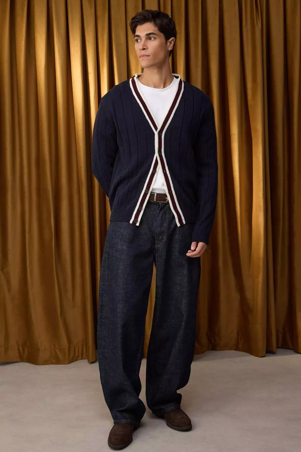 Special Collection Navy Blue Regular V-Neck Color Block Cardigan