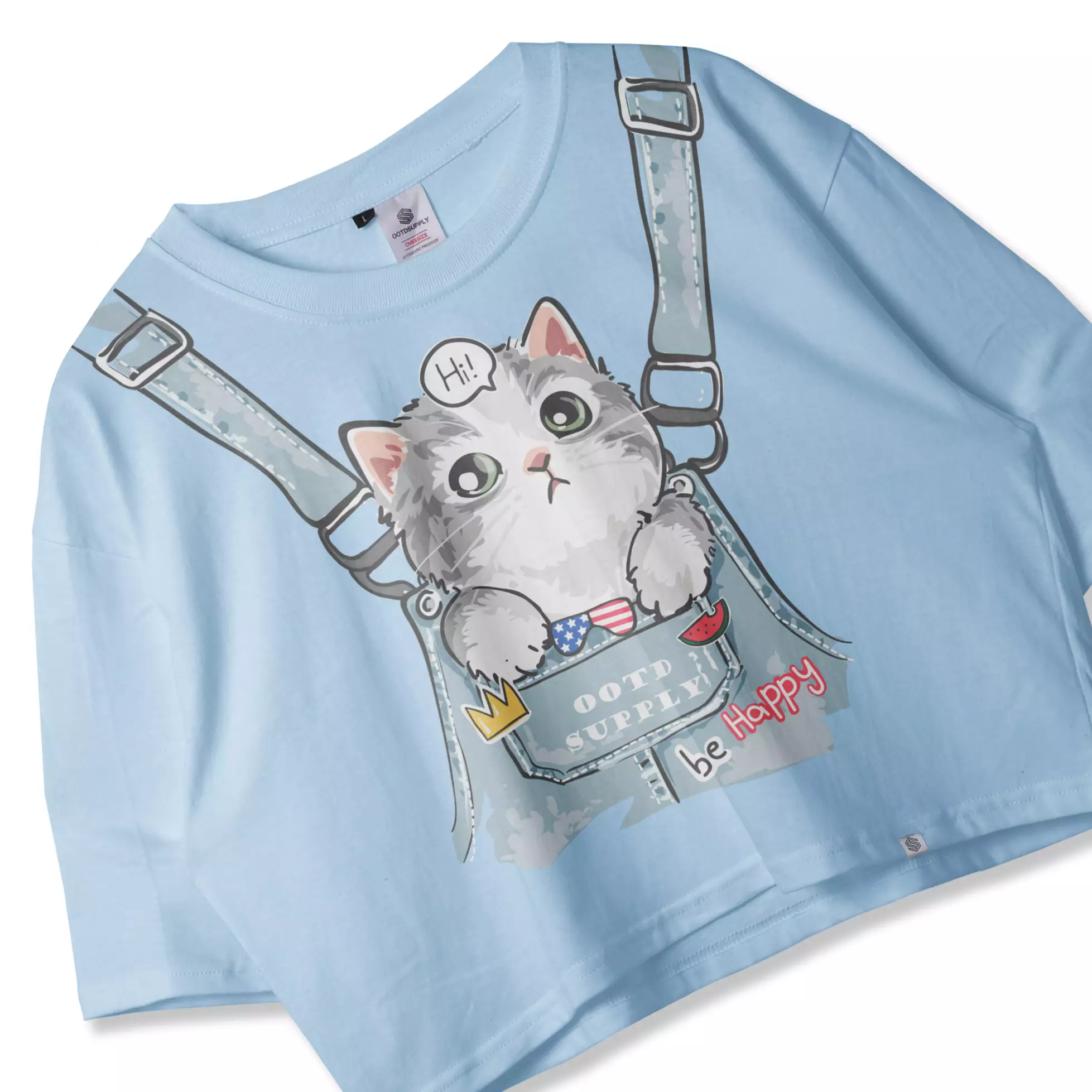 OOTDSUPPLY Croptee Fortune Cat Baby Blue & White