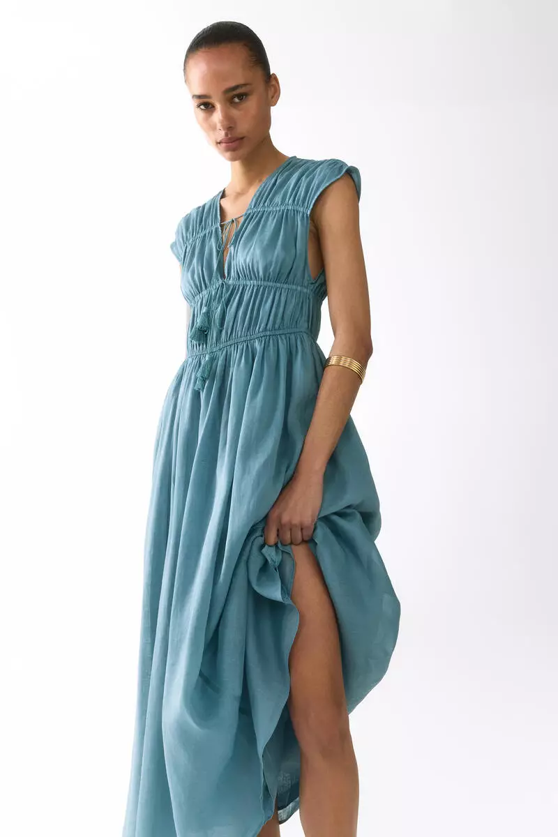 Drawstring-detail ramie dress