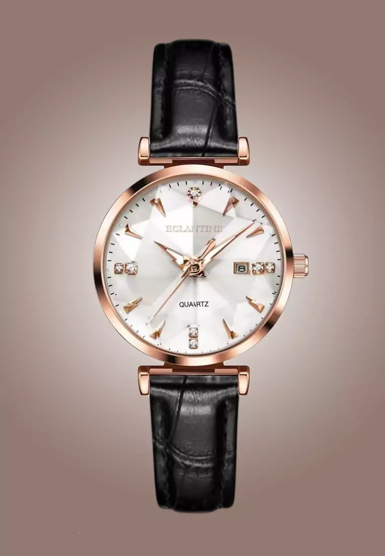 FACETTE IP Rose Gold Color Alloy Quartz Watch, Black Leather Strap