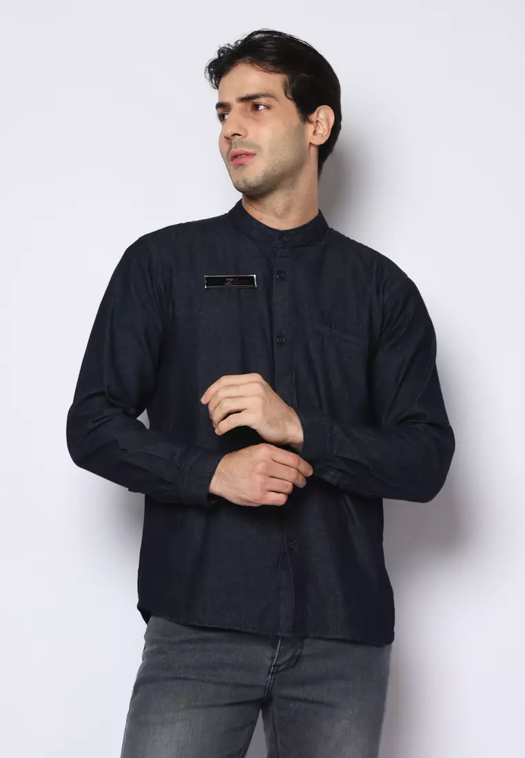 Kemeja Denim Glorys Krah Mandarin K-Bobok L/S Light Black 182504