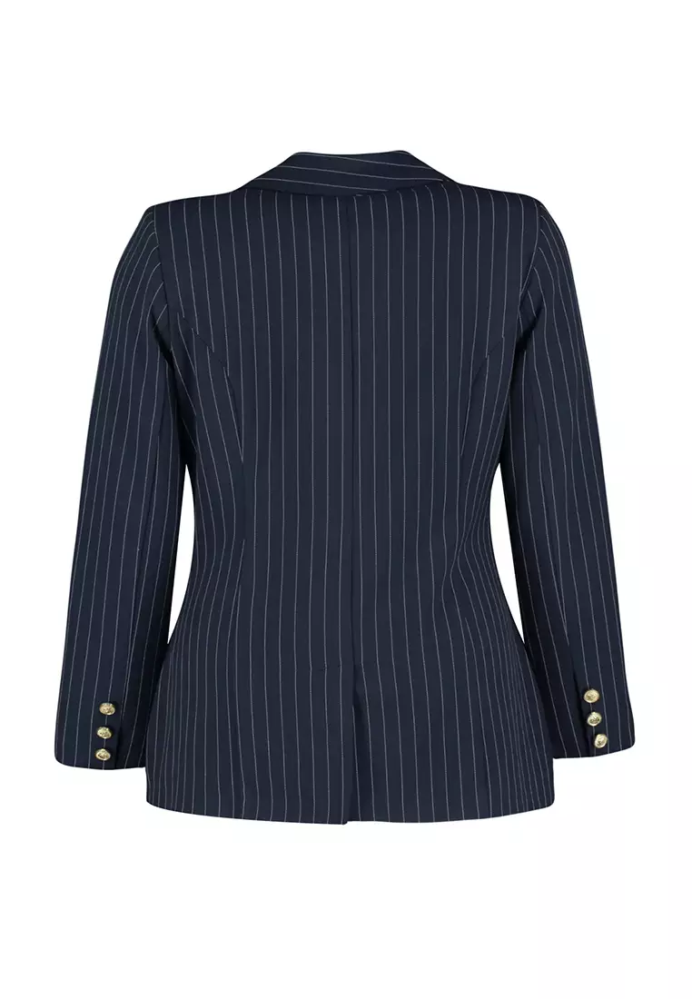 Navy Blue Striped Gold Buttoned Woven Jacket TBBAW24AG00027