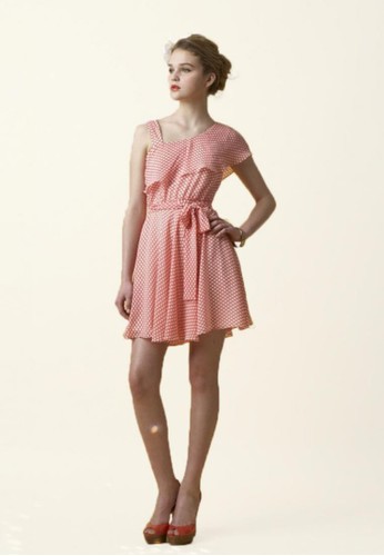 復古甜心斜肩荷葉圓點雪紡esprit分店紗短洋裝, 服飾, 短洋裝