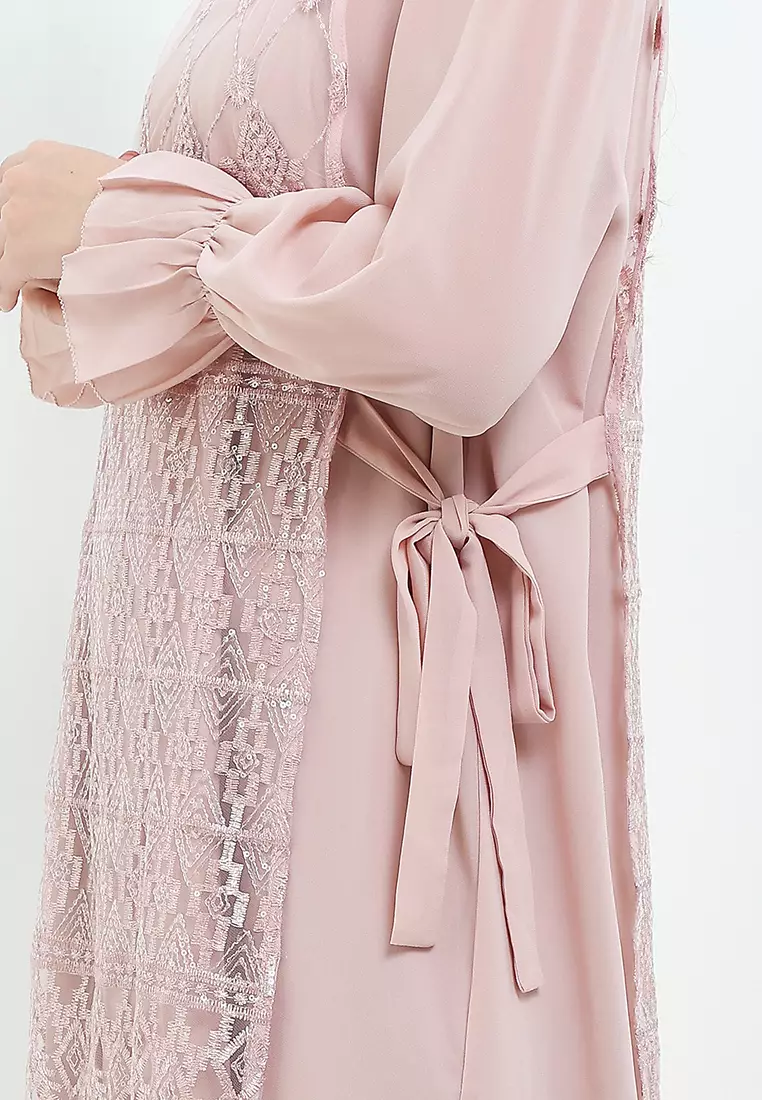 Ruffles Neck Chiffon Long Dress W/ Sequin Outer