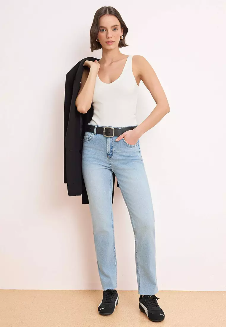 Light Blue High Waist Medium Stretchy Straight Leg Straight Jeans Twoaw26Je26