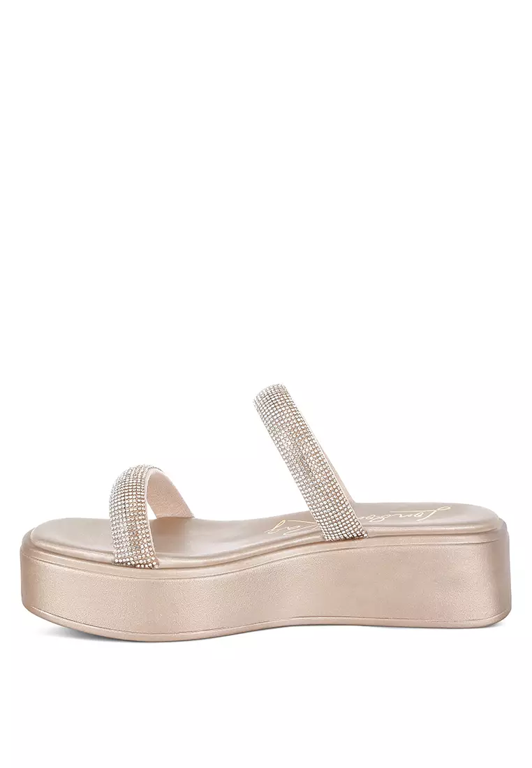 Sandal Platform Berhias Berlian Imitasi Tebal Warna Emas Mawar