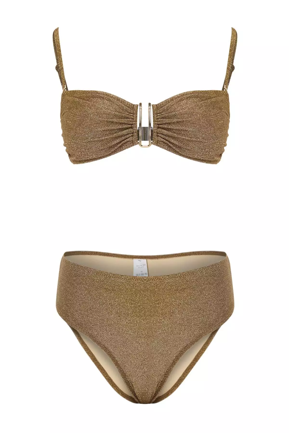 Gold Color Glittery Accessory Strapless Cover-Up Regular High Waist Bikini Set Tbess24Bt54