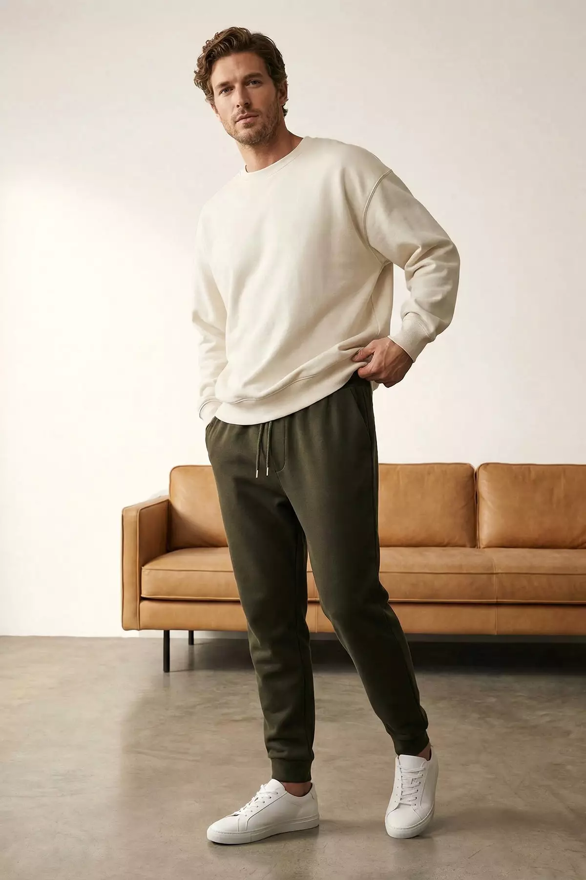 Khaki Basic Regular/Normal Cut Elastic Cuff Jogger Sweatpants Tmnss20Ea0053