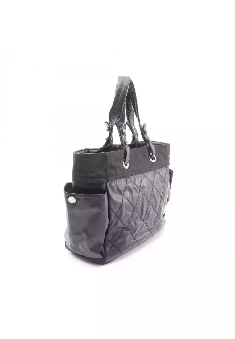 Pre-Loved Chanel Paris Biarritz GM Handbag tote bag Coated canvas leather black silver hardware
