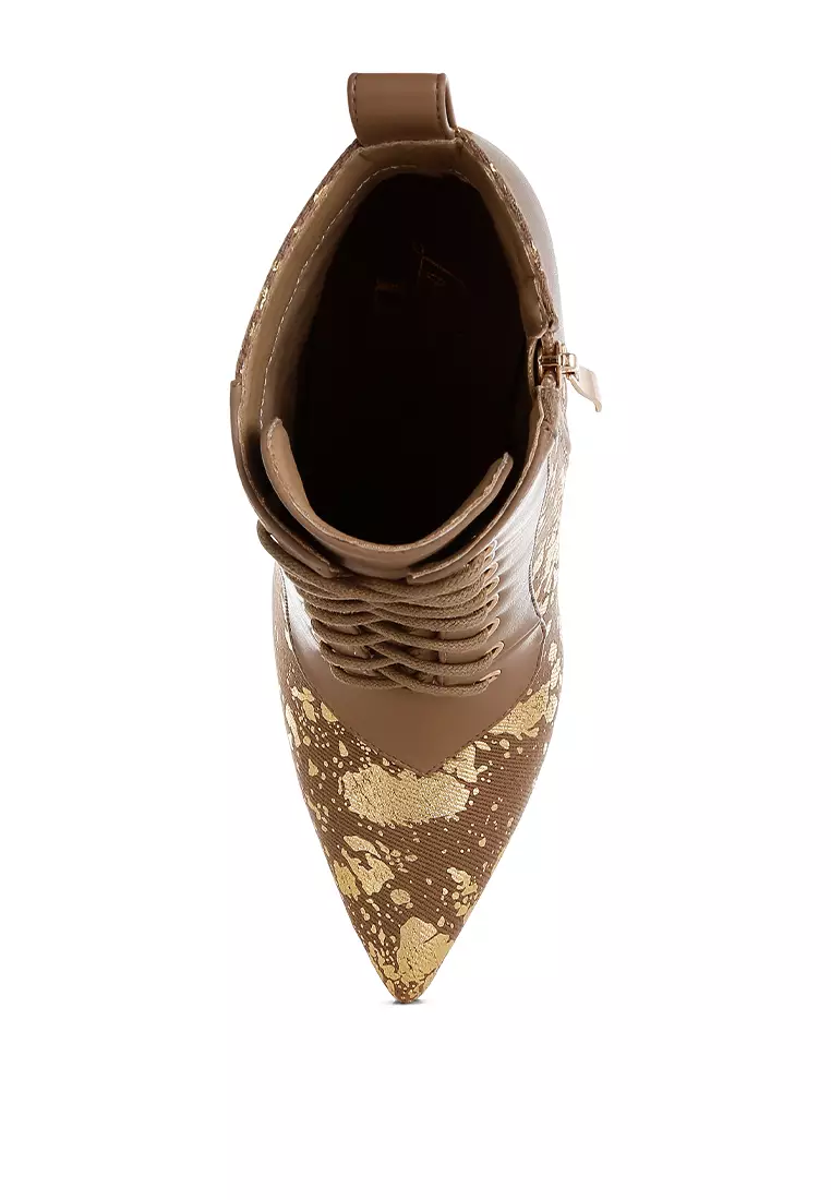 Abstract Pattern Lace-Up Ankle Boots in Brown