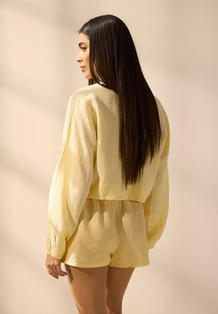 Yellow Weaving 100% Linen Beach Shorts TBESS25SR00013