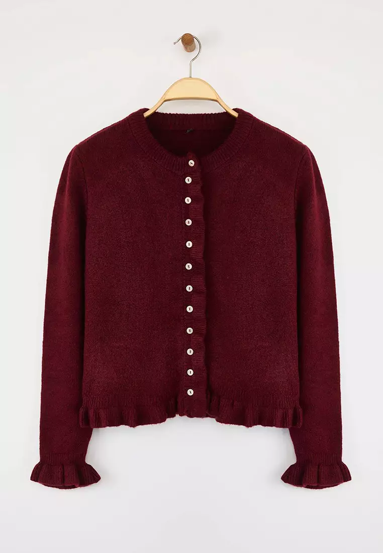 Burgundy Button Detailed Soft Textured Knitwear Cardigan