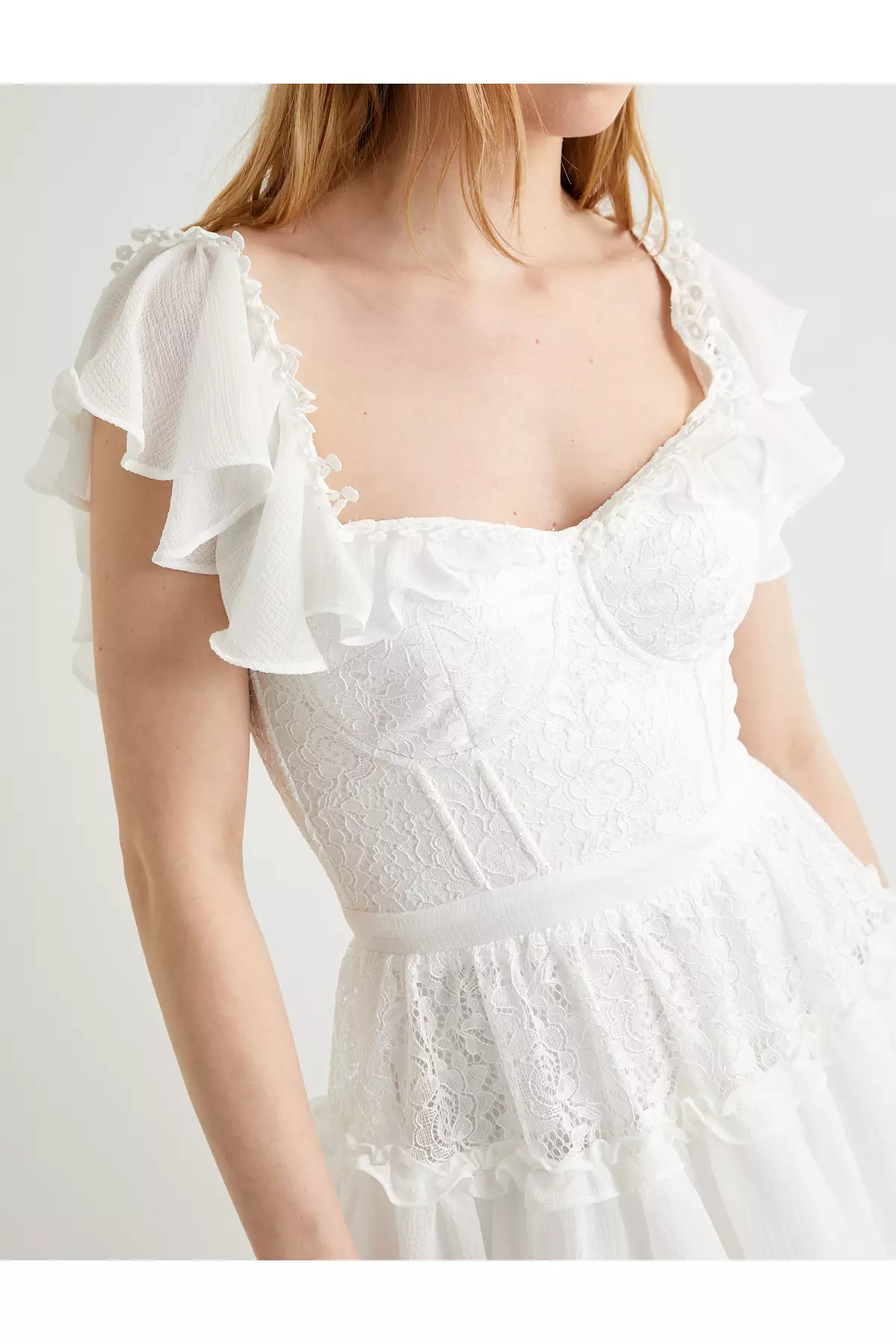 迷你蕾絲連身裙 婚禮 短款 網紗 袖子 桃心領 有內襯