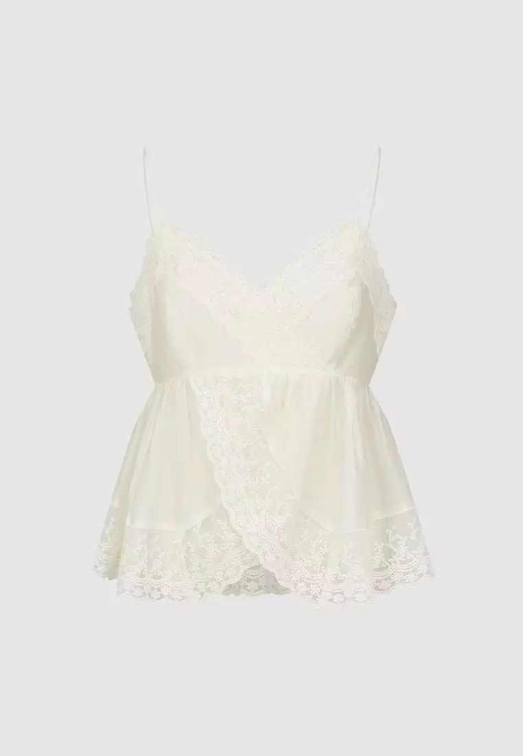 Crisscross Fitted Camisole Top with Floral Lace Detail in Lyocell