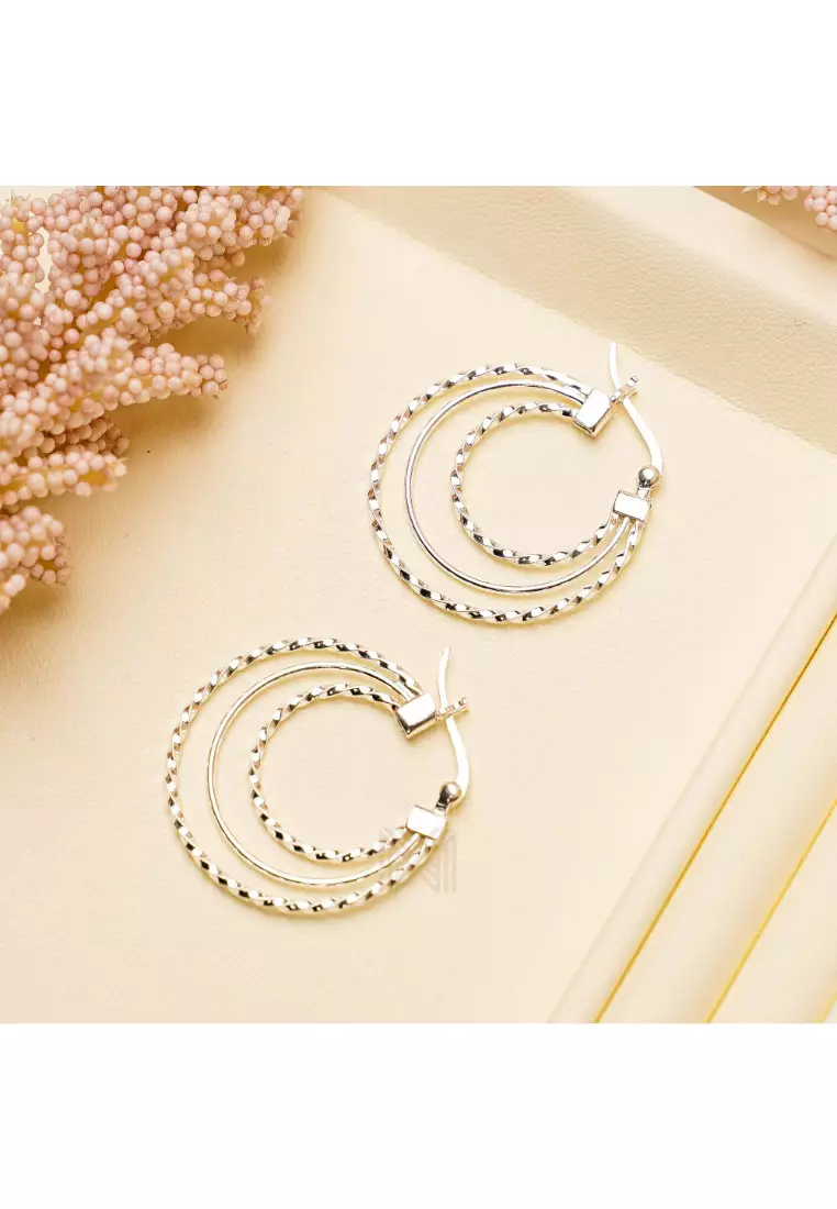 Millennia 2000 Tri-Circle Silver Hoop Earrings with 925 Sterling Silver