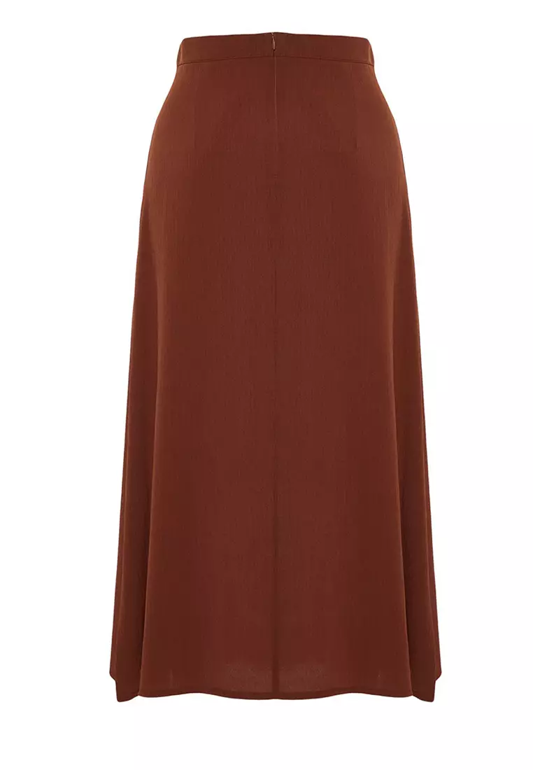 Textured Fabric Midi Skirt with Slit Detail