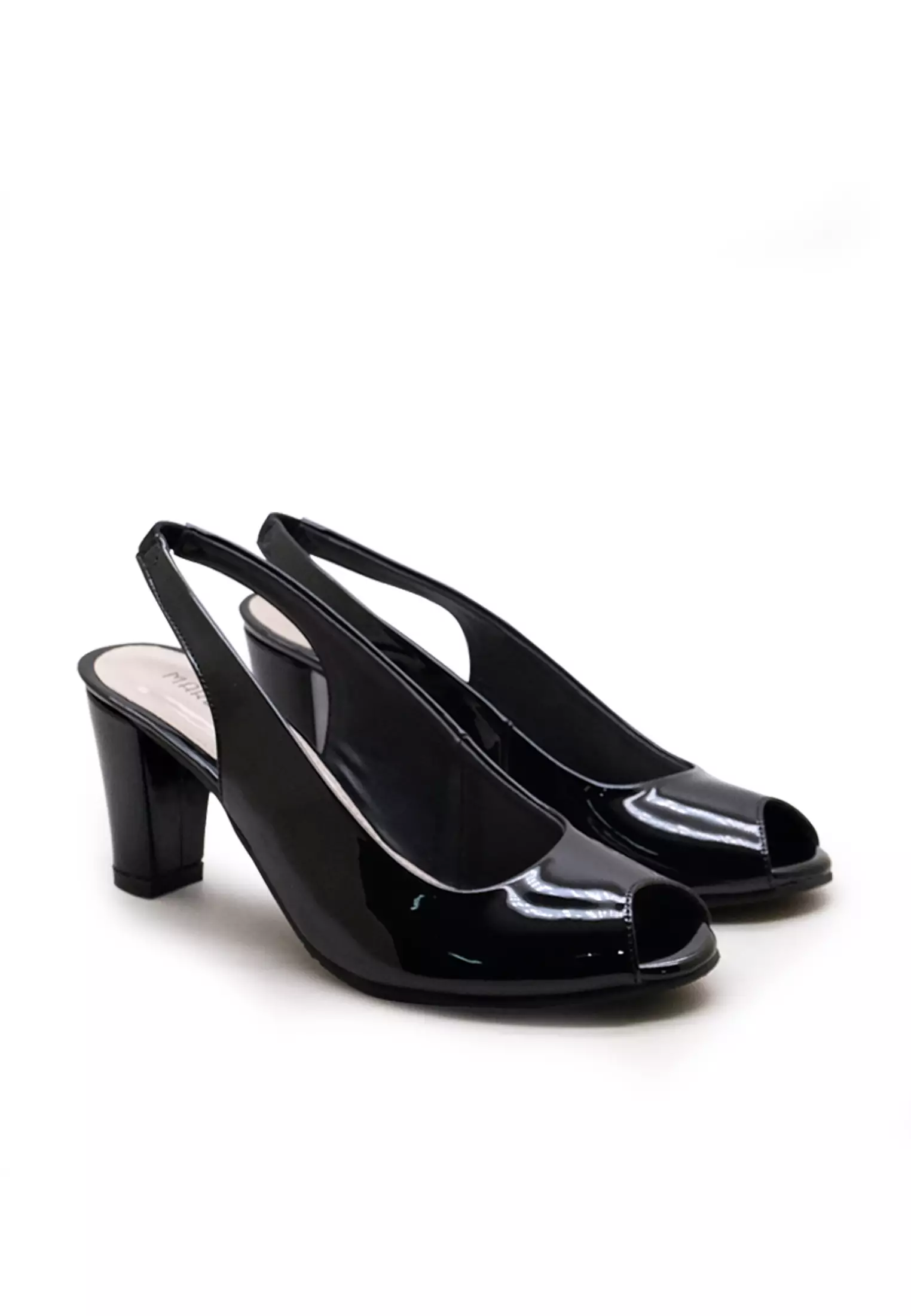 Pauline Sepatu Sandal Wanita Sling back block heels 7 cm - Black patent