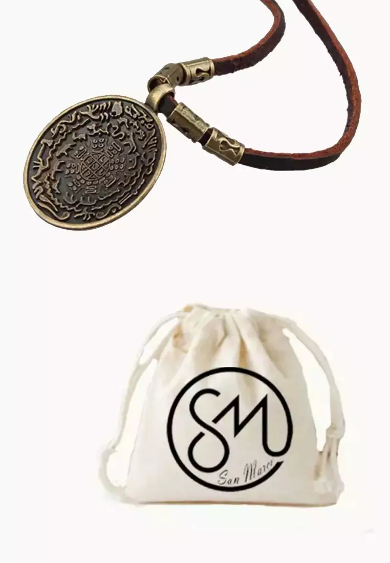 Aksesoris Kalung Kulit Pria Round Pendant Leather Necklace Brown & Gold