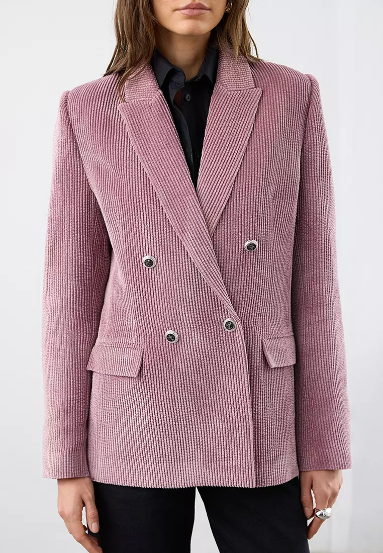 Dusty Rose Double Breasted Regular Fit Corduroy Blazer Jacket