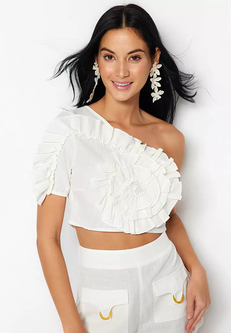 White ruffle shoulder top