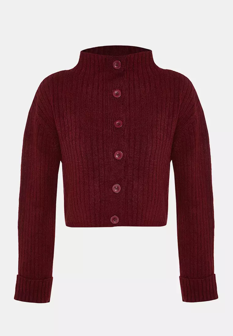 Claret Red Crop Soft Textured Stand Collar Knitwear Cardigan Twoaw22Hi174