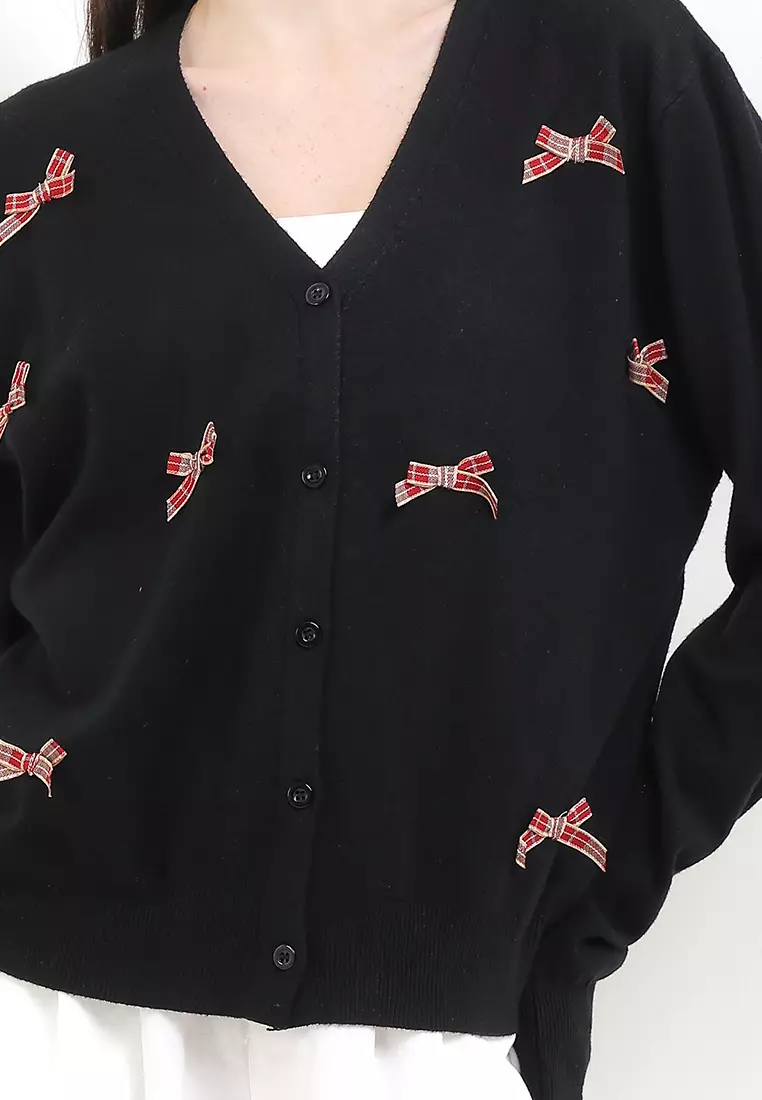 L/S Knit Jacket W/ Check Print Bow Patches