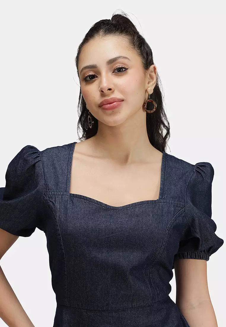 VIRGIO 100% Cotton Denim Pleated Mini Dress