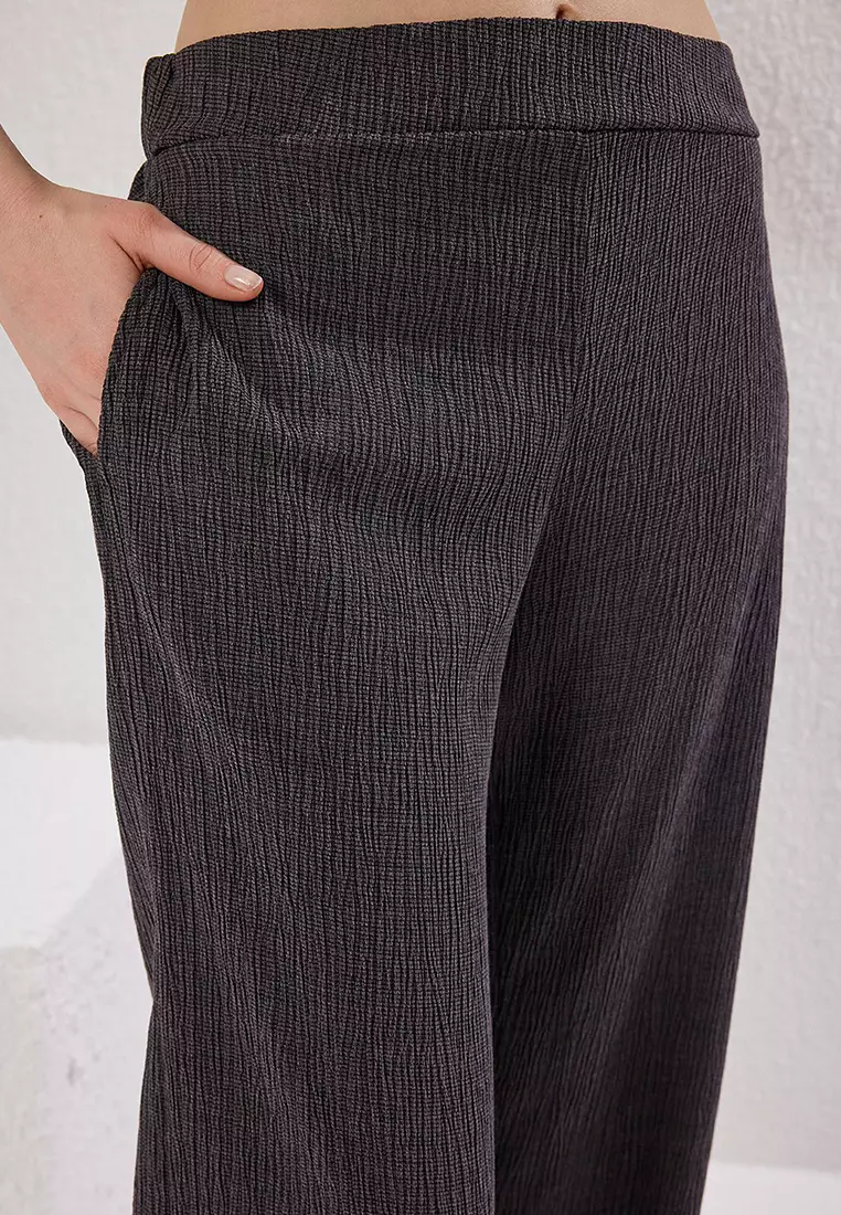 Anthracite Double Breasted Closure Wideleg/Wide Leg Knitted Bottom-Top Set Twoss25Au00005