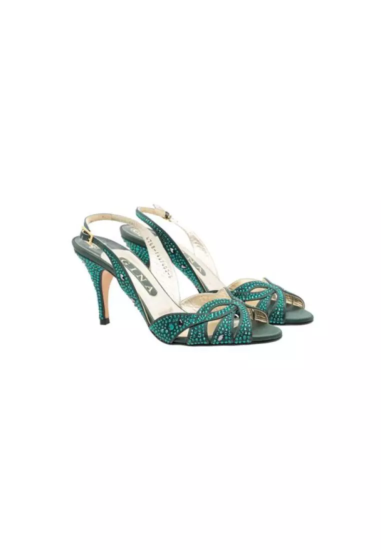 Pre Loved CONTEMPORARY DESIGNER Emerald Green Crystal Embellished Slingback Sandals