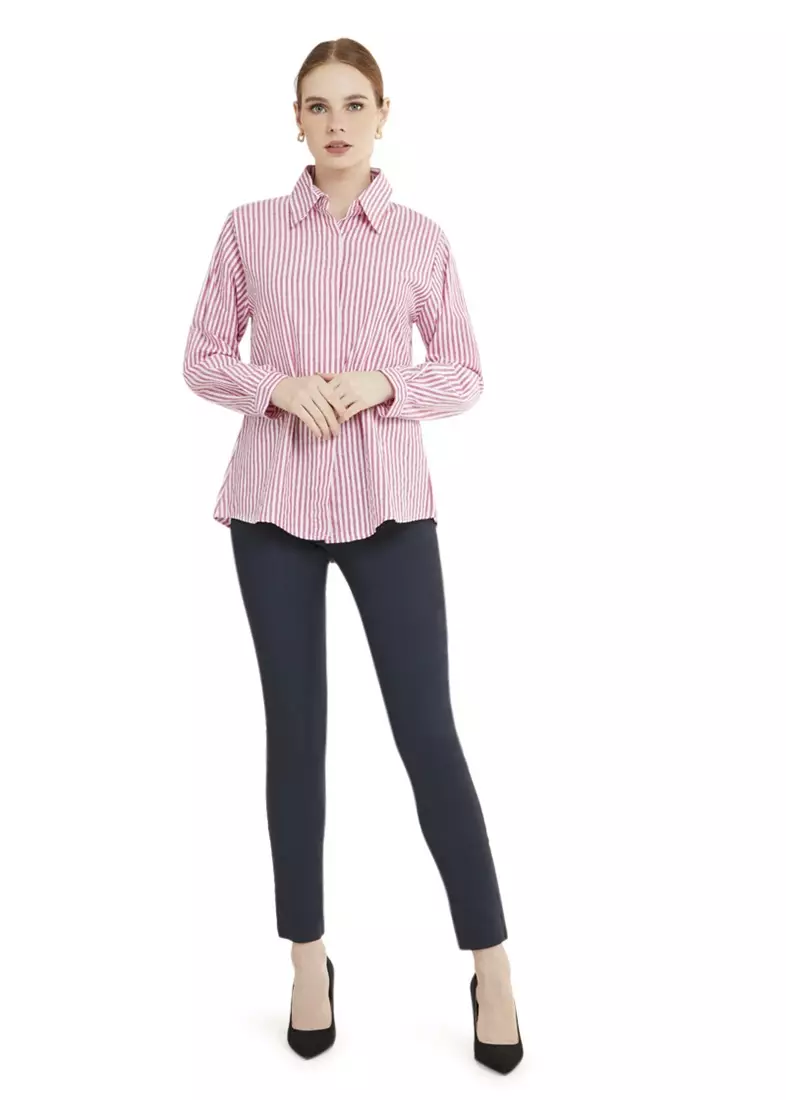 Kemeja Salur Basic Lengan Panjang Garis Shirt Wanita - Pink