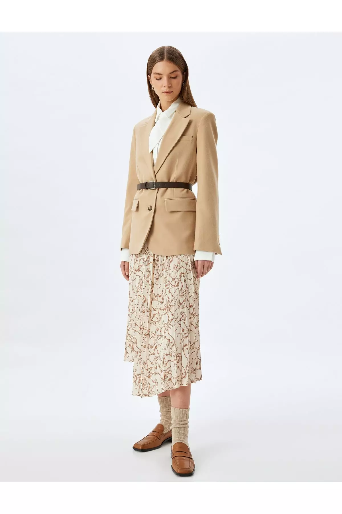 Asymmetrical Patterned Midi Length Pleated Skirt