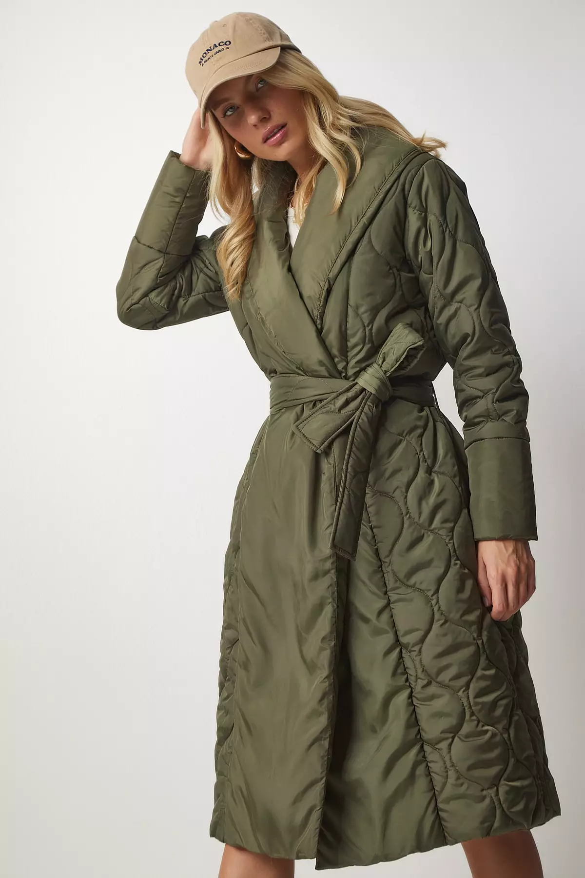 Buy Happiness Istanbul Khaki Belted Shawl Collar Quilted Coat 2024