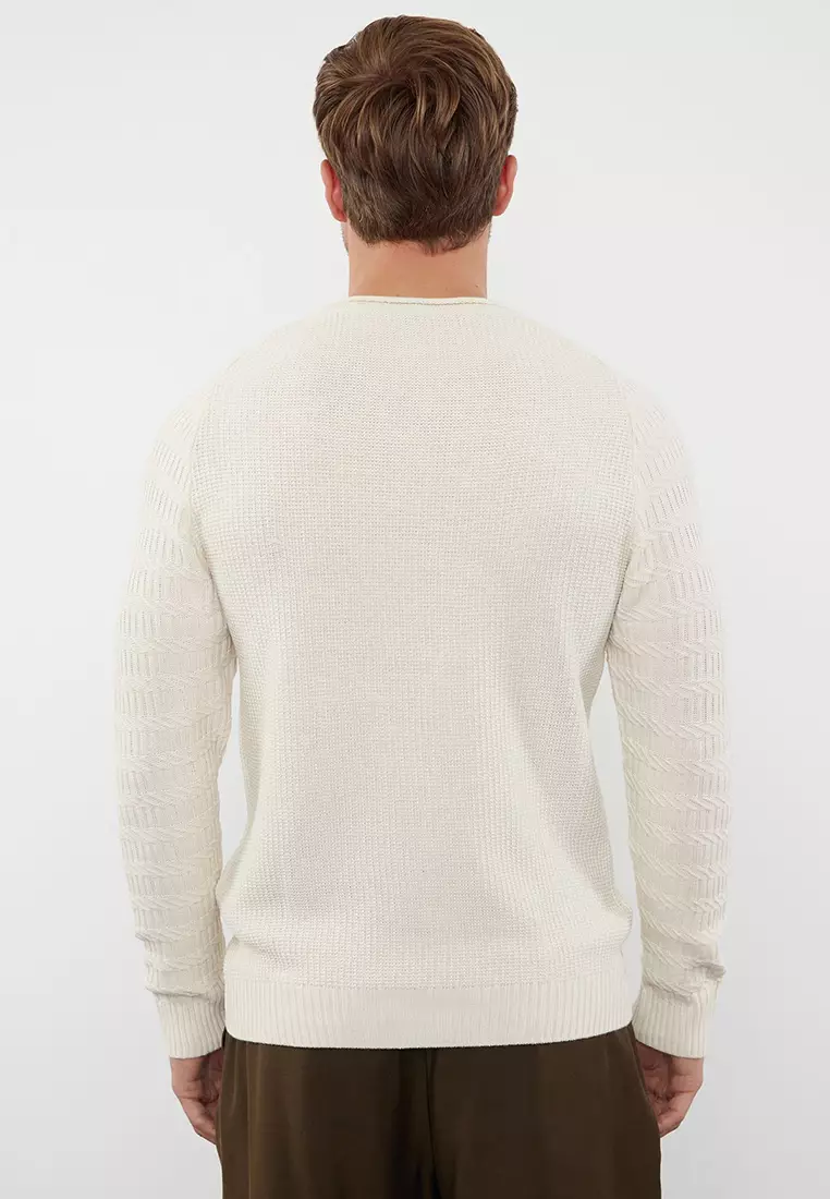Ecru Slim Slim Fit Crew Neck Textured Knitwear Sweater TMNAW22KZ0380