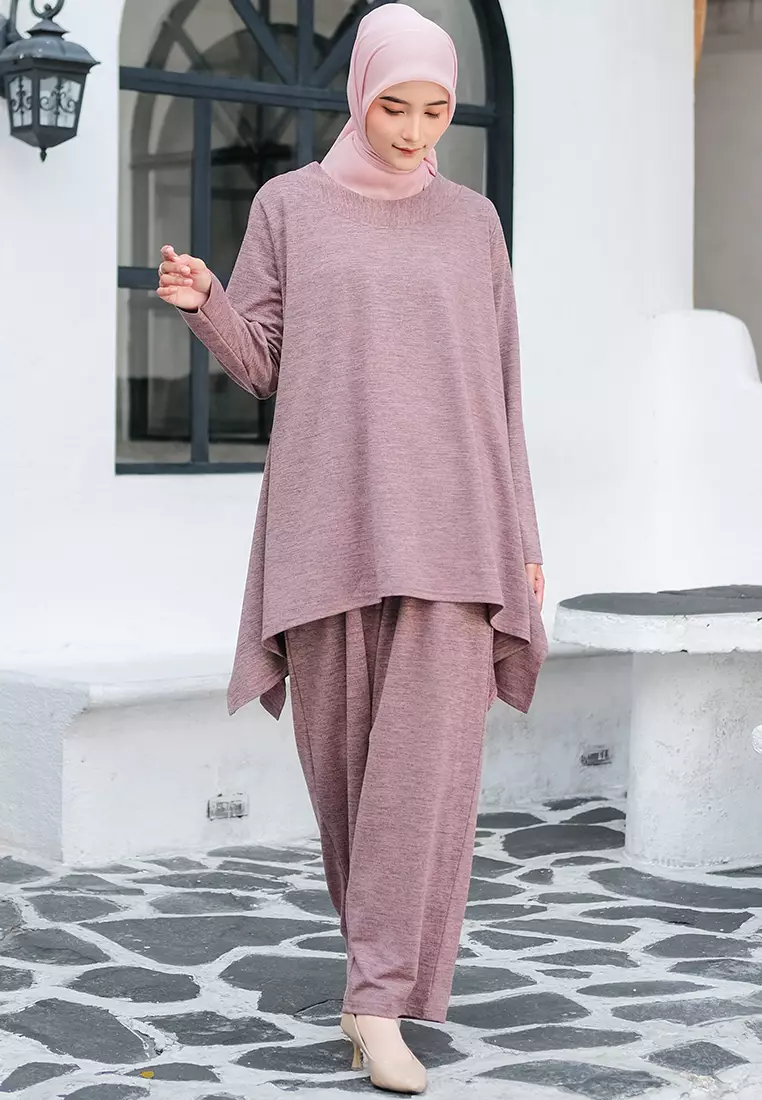 JV Hasanah Oneset Simple Pants Abstract Rosegold | Setelan Simple Layer Kanan Kiri Celana Kaos Abstrak