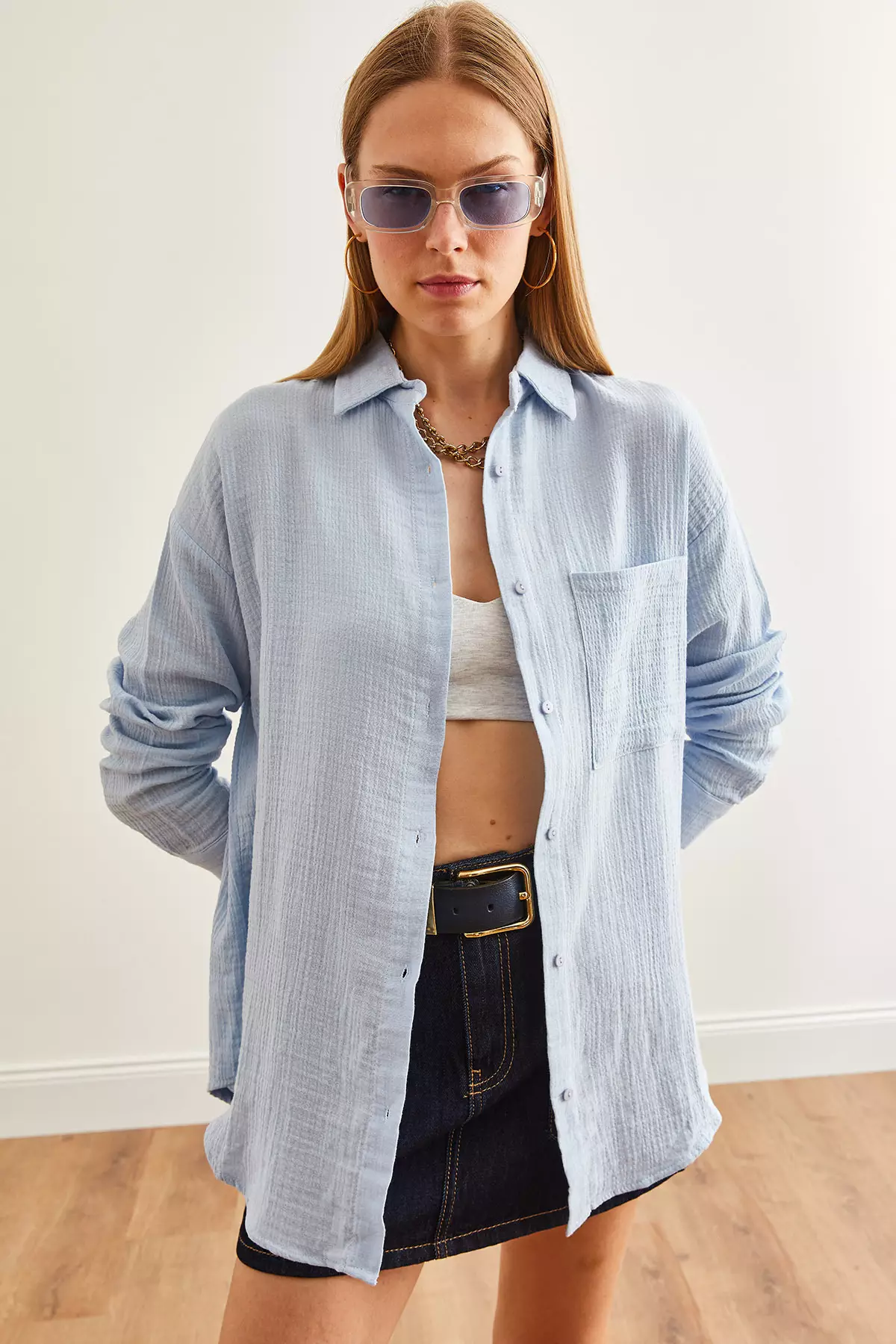 Oversize Ice Blue Muslin Women's Shirt - Gml-19001217