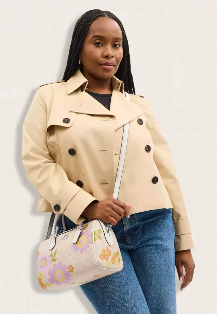 Coach Rowan Satchel Bag In Signature Canvas With Floral Print Sand Multi