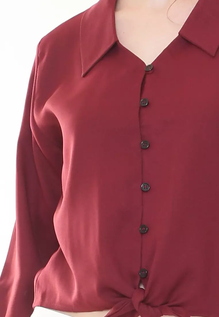 Evelyn Top Button Ribbon Tied up in Maroon